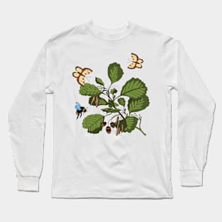 Botanical illustration of an alder plant, a butterfly and a bumblebee Long Sleeve T-Shirt